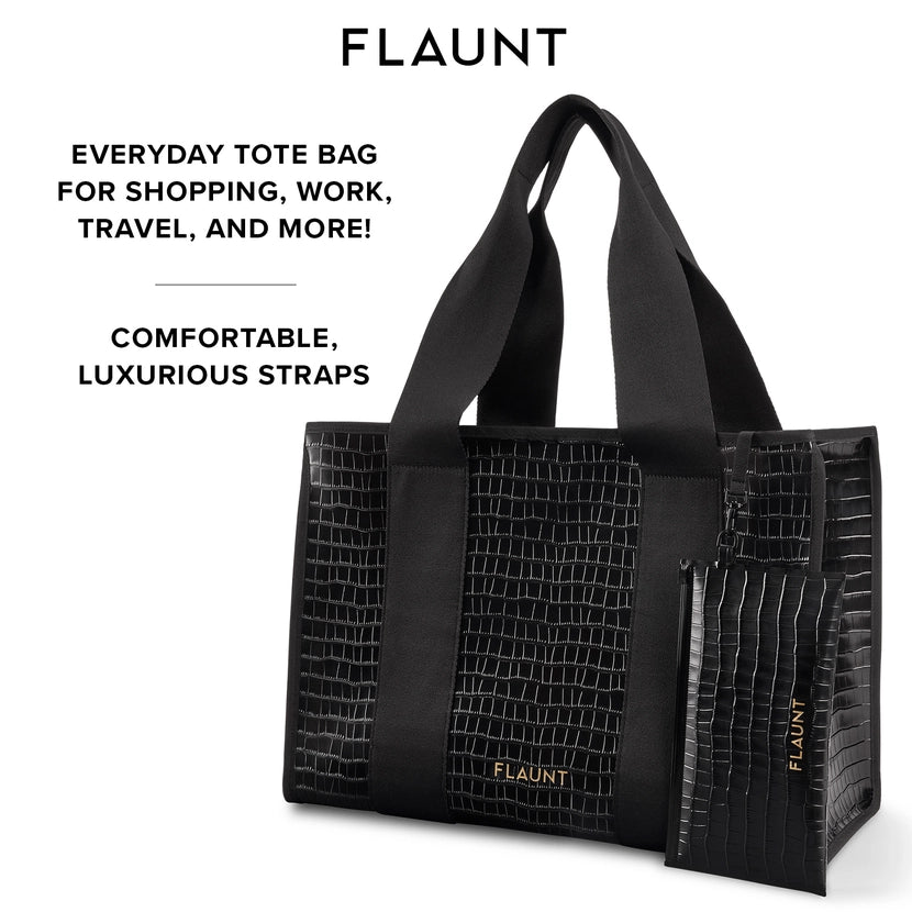 Black Crocodile Leather Everyday Tote Bag with Pouch