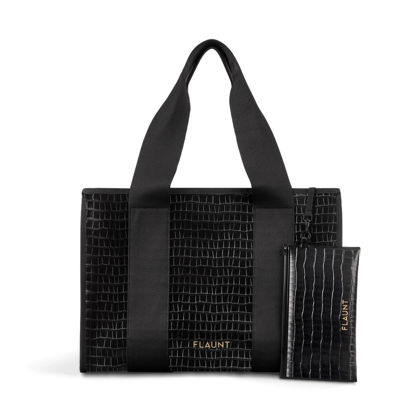 Black Crocodile Leather Everyday Tote Bag with Pouch
