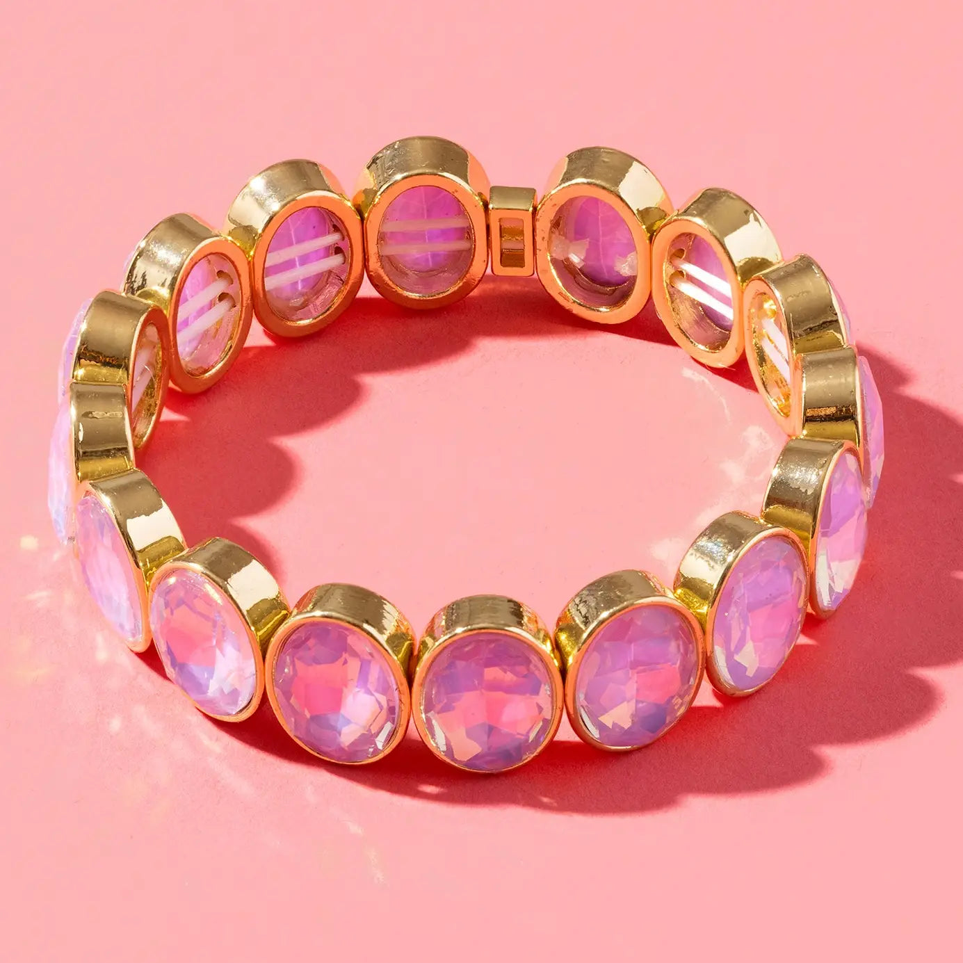 Olivia Enamel Stretch Bracelet in Gold with PinkLarge Oval Stones