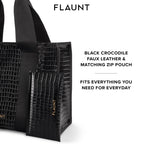 Black Crocodile Leather Everyday Tote Bag with Pouch
