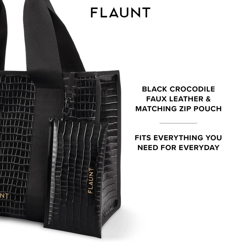 Black Crocodile Leather Everyday Tote Bag with Pouch