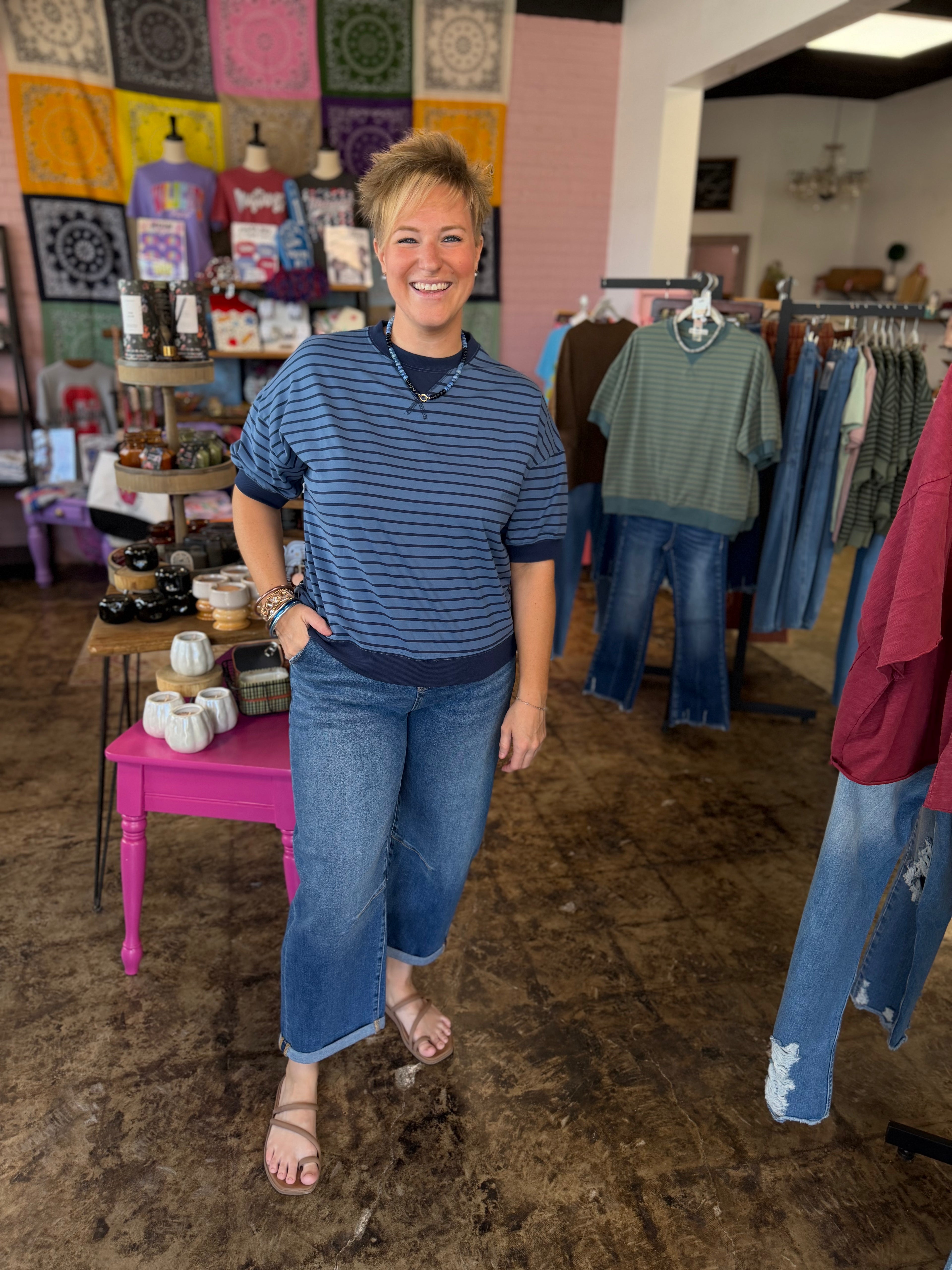 Cozy Beginning Top in DustyBlue with Navy