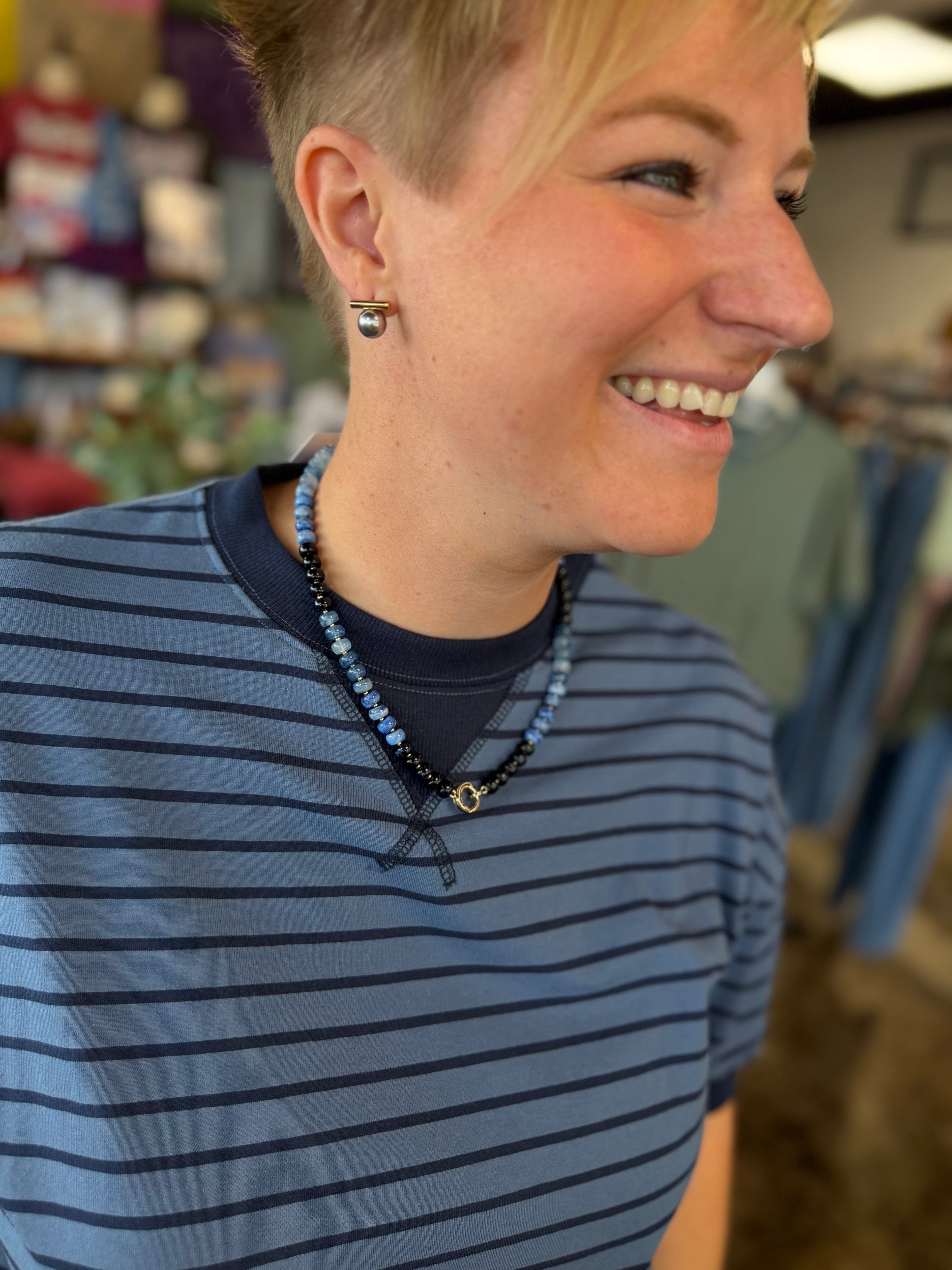 Cozy Beginning Top in DustyBlue with Navy