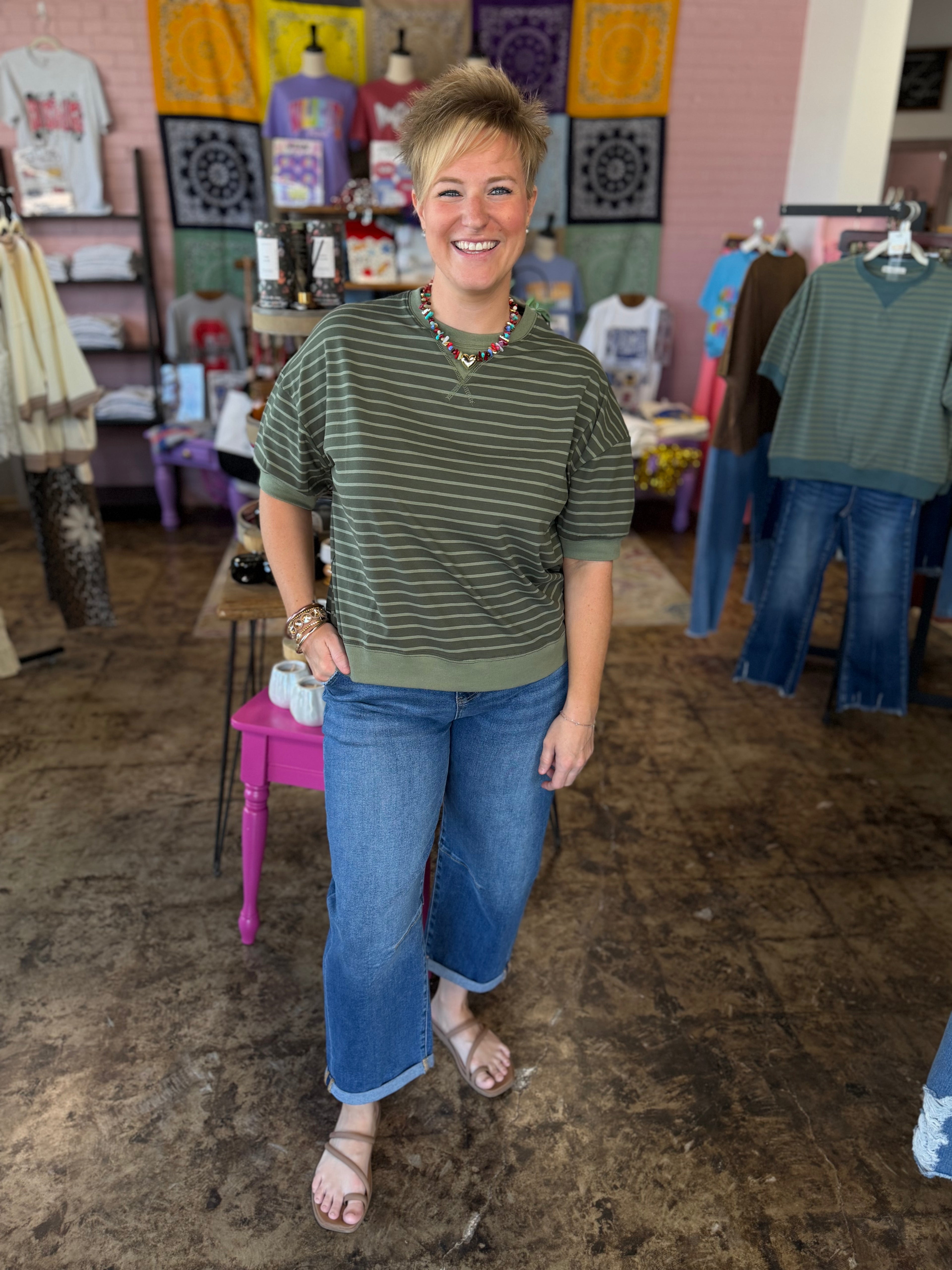Cozy Beginning Top in Light Olive With Dark Olive