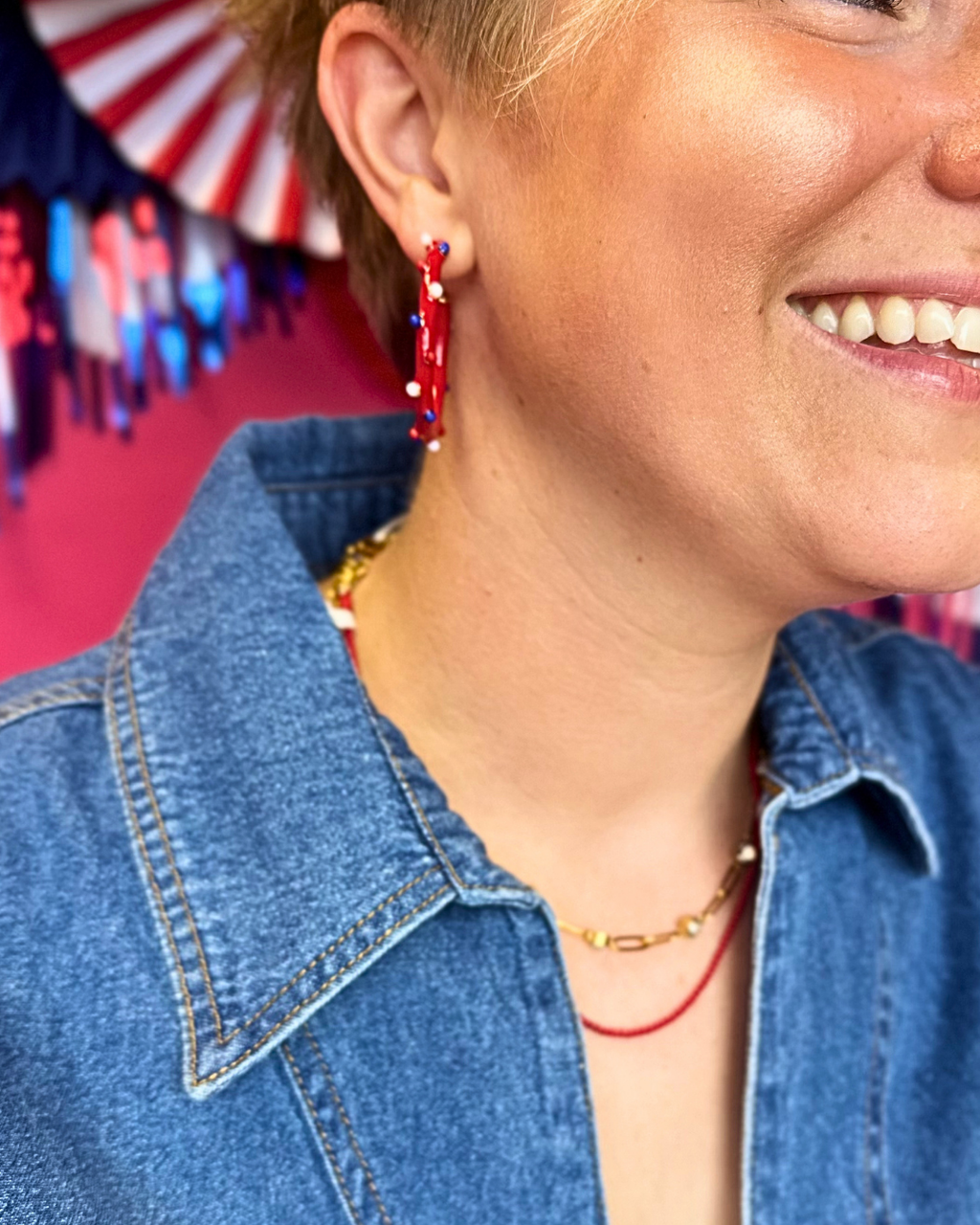 American Flag Enamel Beads Hoop Earrings in Red
