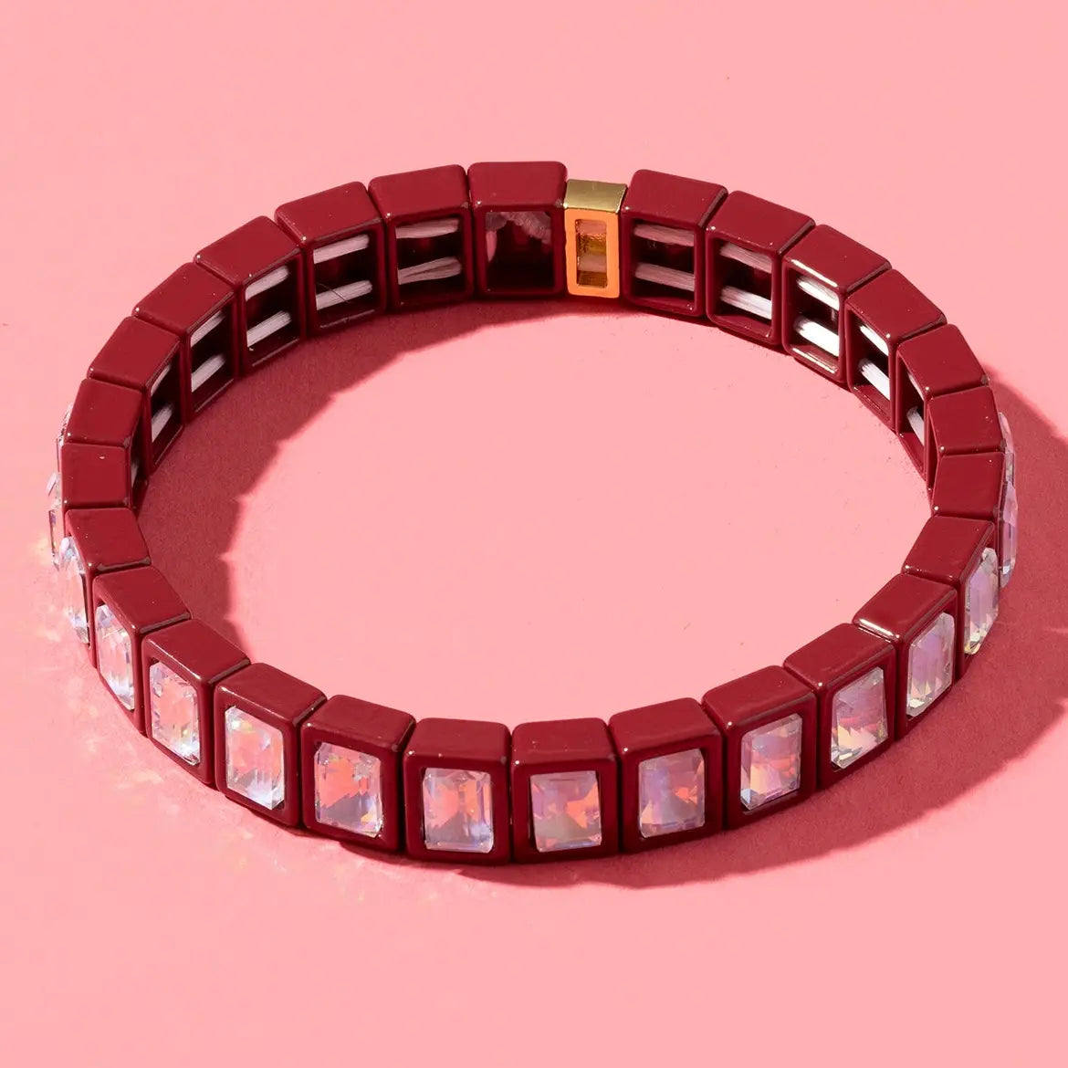 Penelope Enamel Stretch Bracelet in Maroon with Small Rectangle Stones